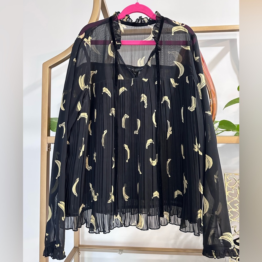 BNWT Black Sheer Blouse Pleated with ruffles. Beautiful!! Size S